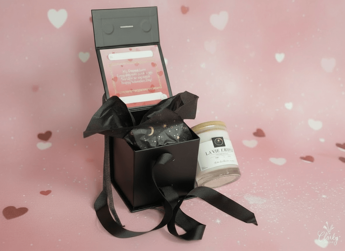 La Vie Est Belle luxury Valentine's scented candle in a black gift box with personalized message for a romantic occasion.