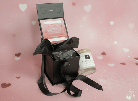 La Vie Est Belle luxury Valentine's scented candle in a black gift box with personalized message for a romantic occasion.
