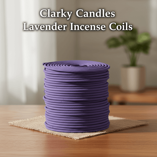 Stack of lavender incense coils with Clarky Candles lavender incense coils text overlay