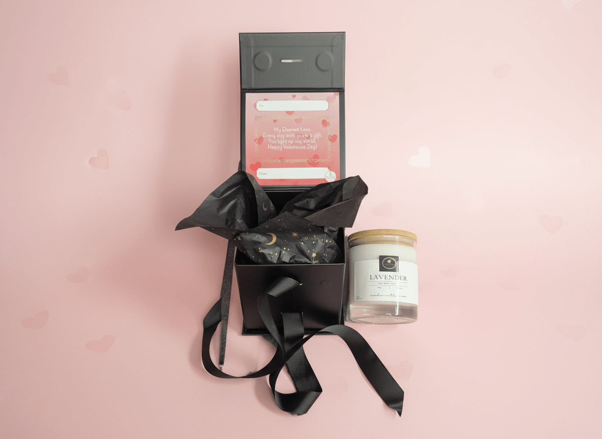 Lavender luxury scented candle gift box with personalized Valentine’s message and black ribbon.