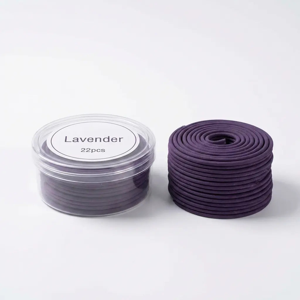 Lavender incense coils in a pack of 22 with Lavender 22pcs label and coil stack