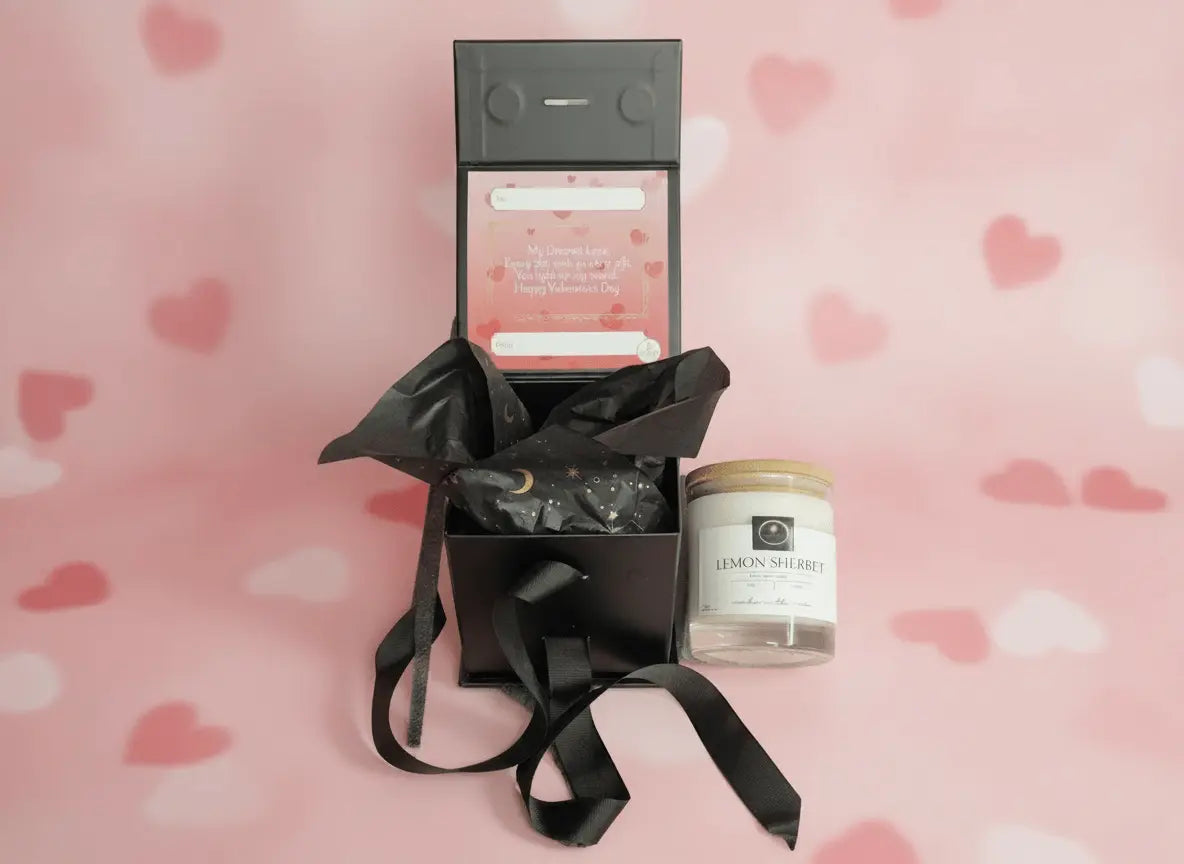 Lemon Sherbet luxury Valentine’s scented candle in a black gift box with a personalised gift message.