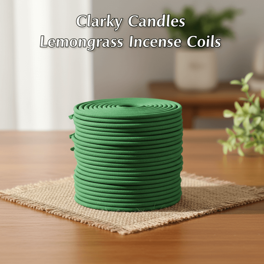 Stack of lemongrass incense coils with Clarky Candles lemongrass incense coils text overlay