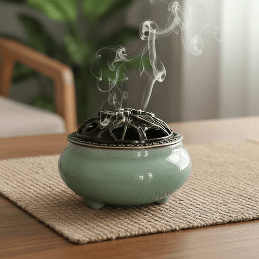 Light green ceramic incense burner kiln with decorative lid releasing smoke on a table