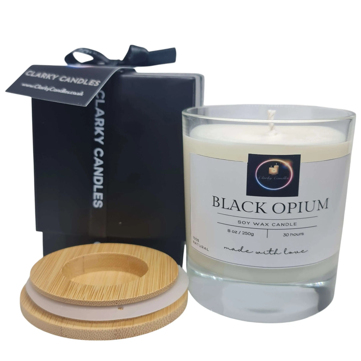 Black Opium luxury scented candle gift-wrapped, affordable luxury candles, hand-poured in the UK, 30 hours burn time.