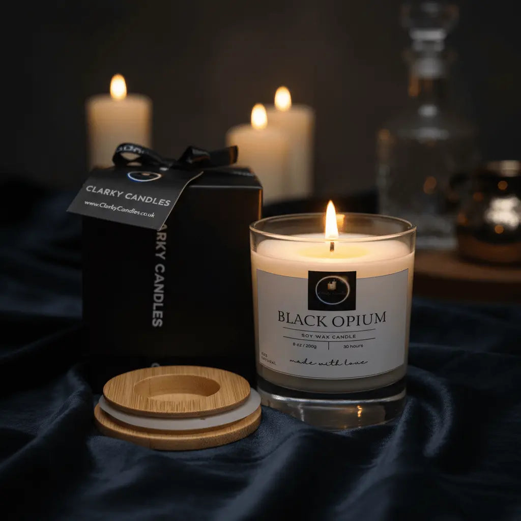 Black Opium luxury scented candle with gift packaging, affordable luxury candles, elegant living room decor.