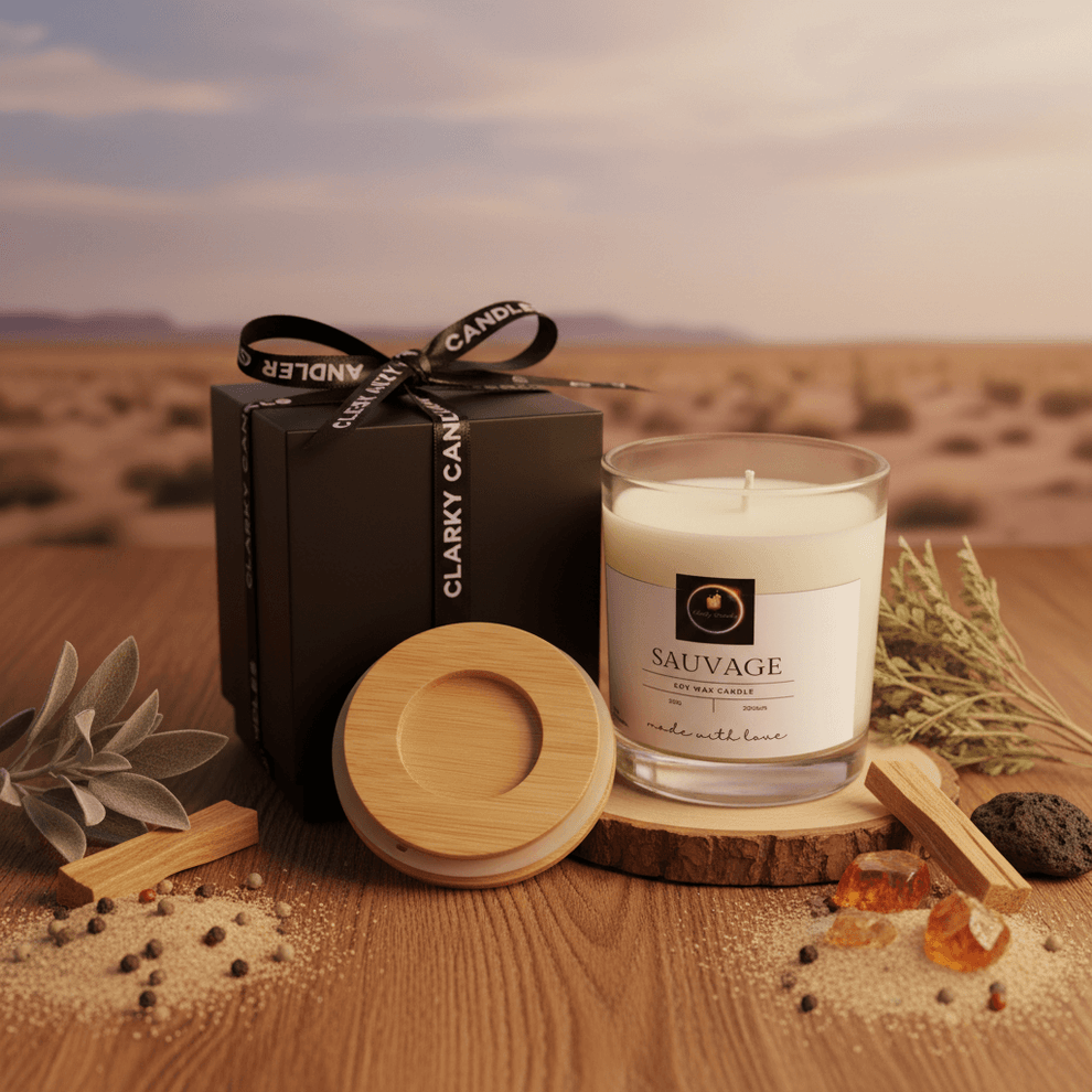 Hand-poured Clarky Candle with signature ribbon and local props