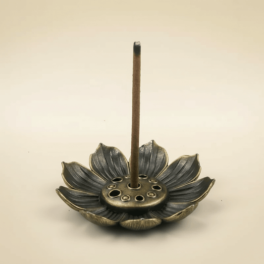 Mini Incense Holder with lotus flower design and wooden handle, perfect for burning incense sticks safely.