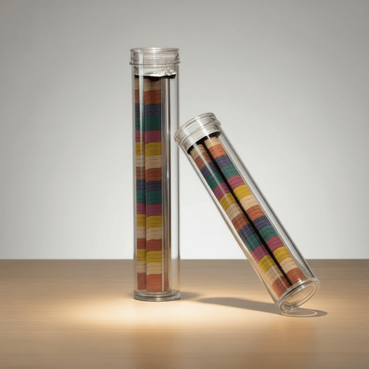 Mixed Flavour Incense Sticks packed in clear tubes, showcasing bright colors for home fragrance by Clarky Candles.