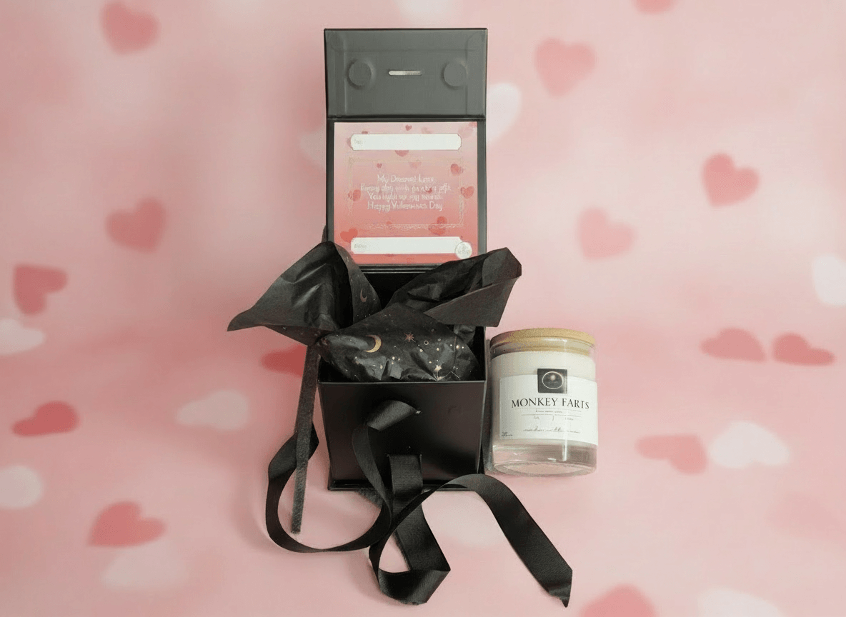 Monkey Farts luxury scented candle in a black gift box with ribbon and personalized Valentine's message card.