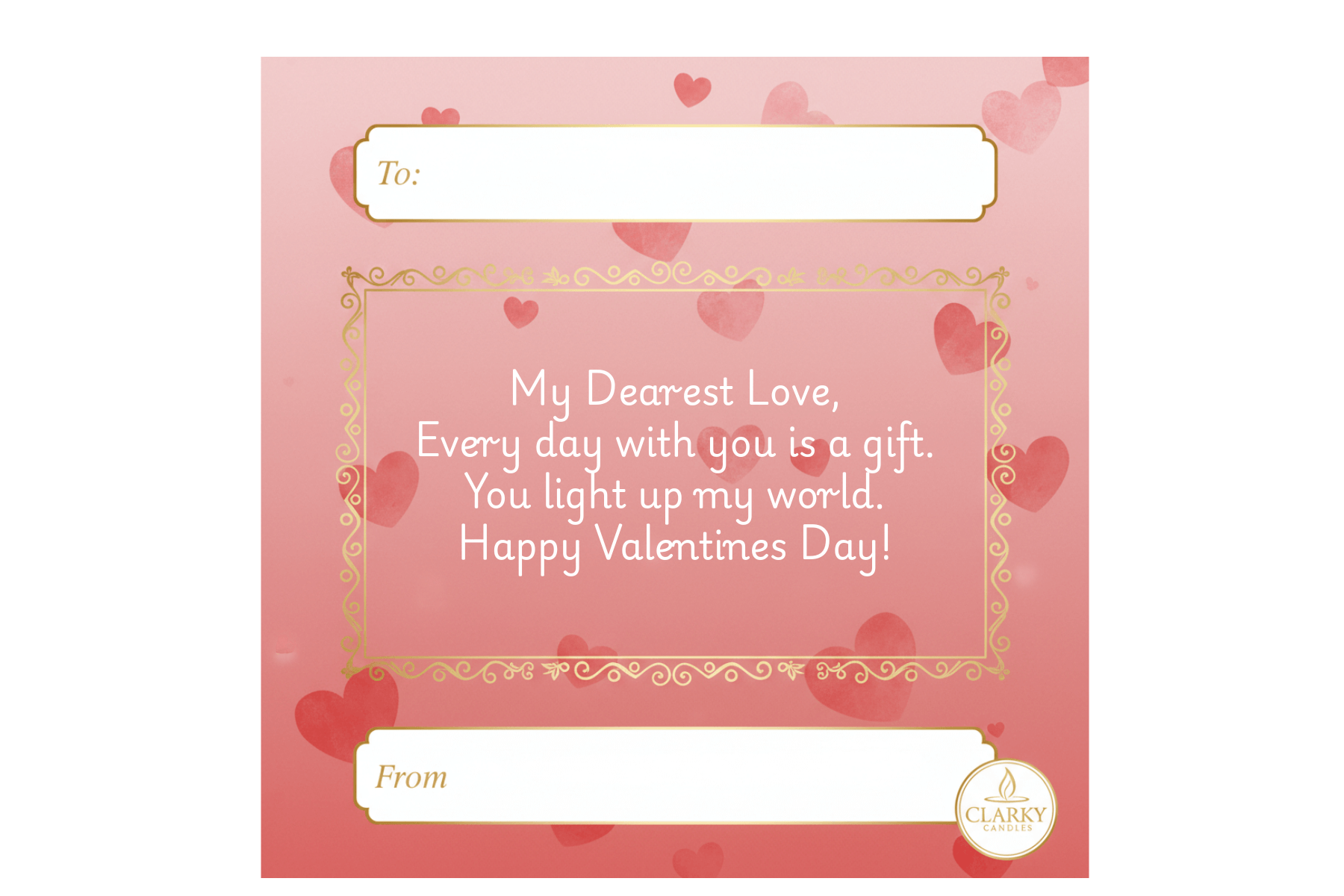 Valentine's gift message card with romantic text and hearts background, perfect for Alien Invasion scented candle.