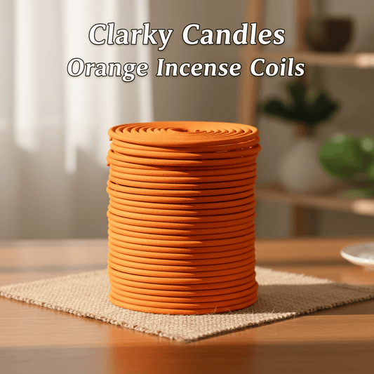 Stack of orange incense coils with Clarky Candles orange incense coils text overlay