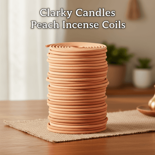 Stack of peach incense coils with Clarky Candles peach incense coils text overlay