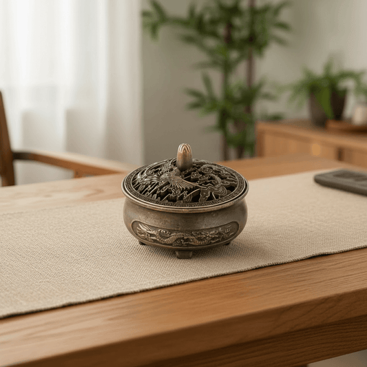 Mini phoenix incense burner with lid on a table in a cosy room