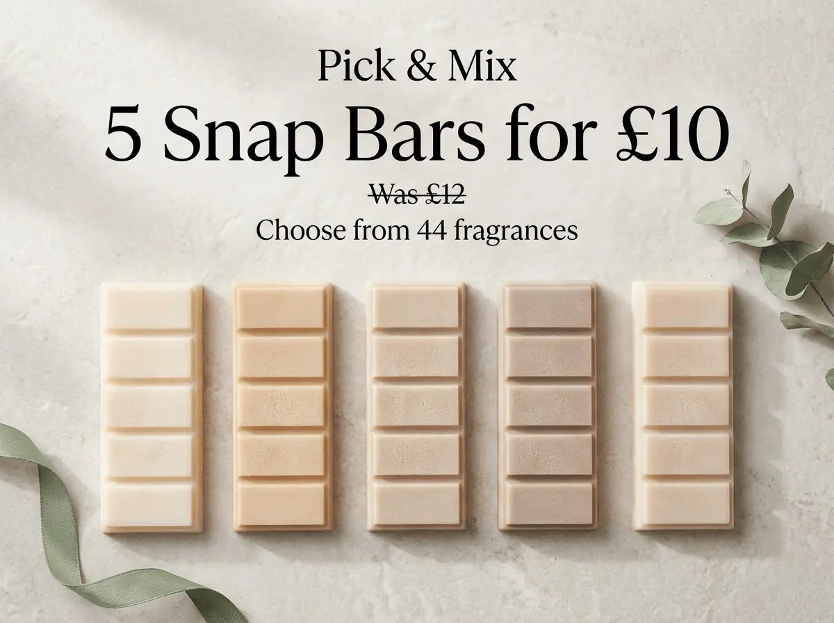 Pick & Mix wax melt bundle promo showing five snap bar wax melts on a neutral background with text “5 Snap Bars for £10”, “Was £12”, and “Choose from 44 fragrances”.