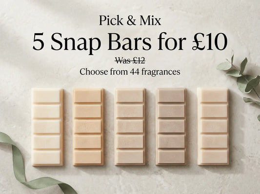 Pick & Mix wax melt bundle promo showing five snap bar wax melts on a neutral background with text “5 Snap Bars for £10”, “Was £12”, and “Choose from 44 fragrances”.