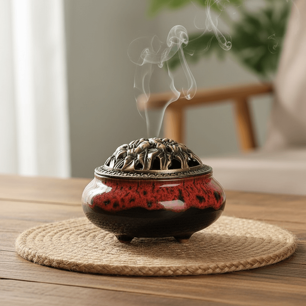 Red ceramic incense burner kiln with decorative lid releasing smoke on a table