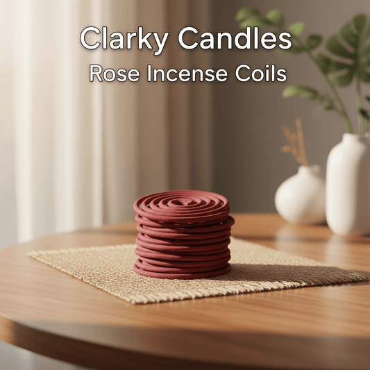 Stack of rose incense coils with Clarky Candles rose incense coils text overlay