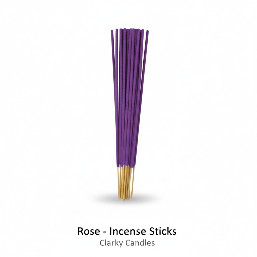 Rose incense sticks bundle with purple tops and natural wooden ends on a white background, labelled “Rose – Incense Sticks” by Clarky Candles.