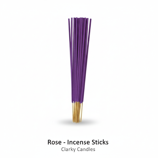 Rose incense sticks bundle with purple tops and natural wooden ends on a white background, labelled “Rose – Incense Sticks” by Clarky Candles.