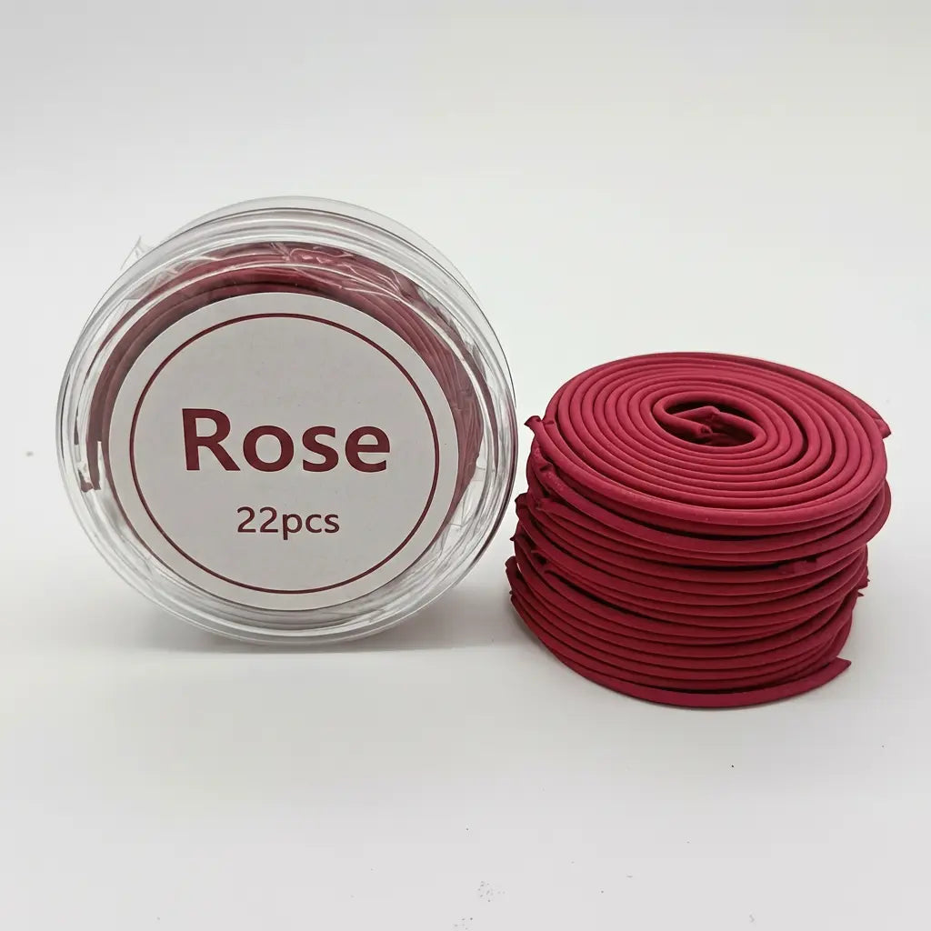 Rose incense coils in a pack of 22 with rose label and red coil stack