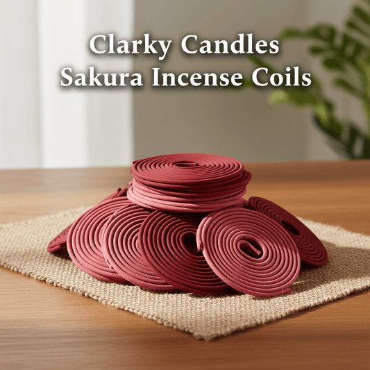 Sakura incense coils arranged on a mat with Clarky Candles sakura incense coils text overlay