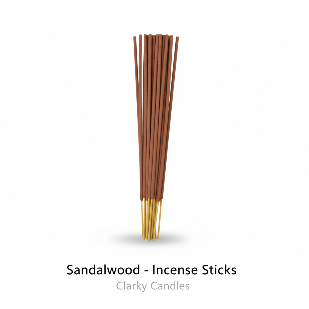 Sandalwood incense sticks bundle on white background with label Sandalwood - Incense Sticks