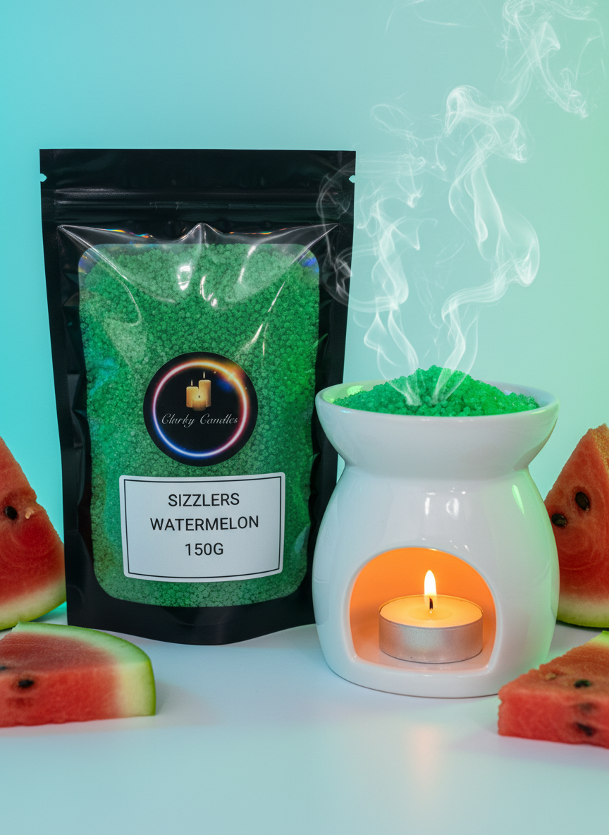 Watermelon Scented Sizzlers 150g simmering granules with watermelon slices and lit wax burner releasing steam