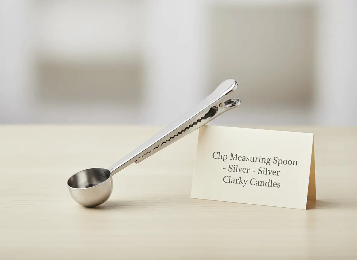 Clip Scooping Spoon Silver on a table with a label, showcasing its precise design and dual functionality.