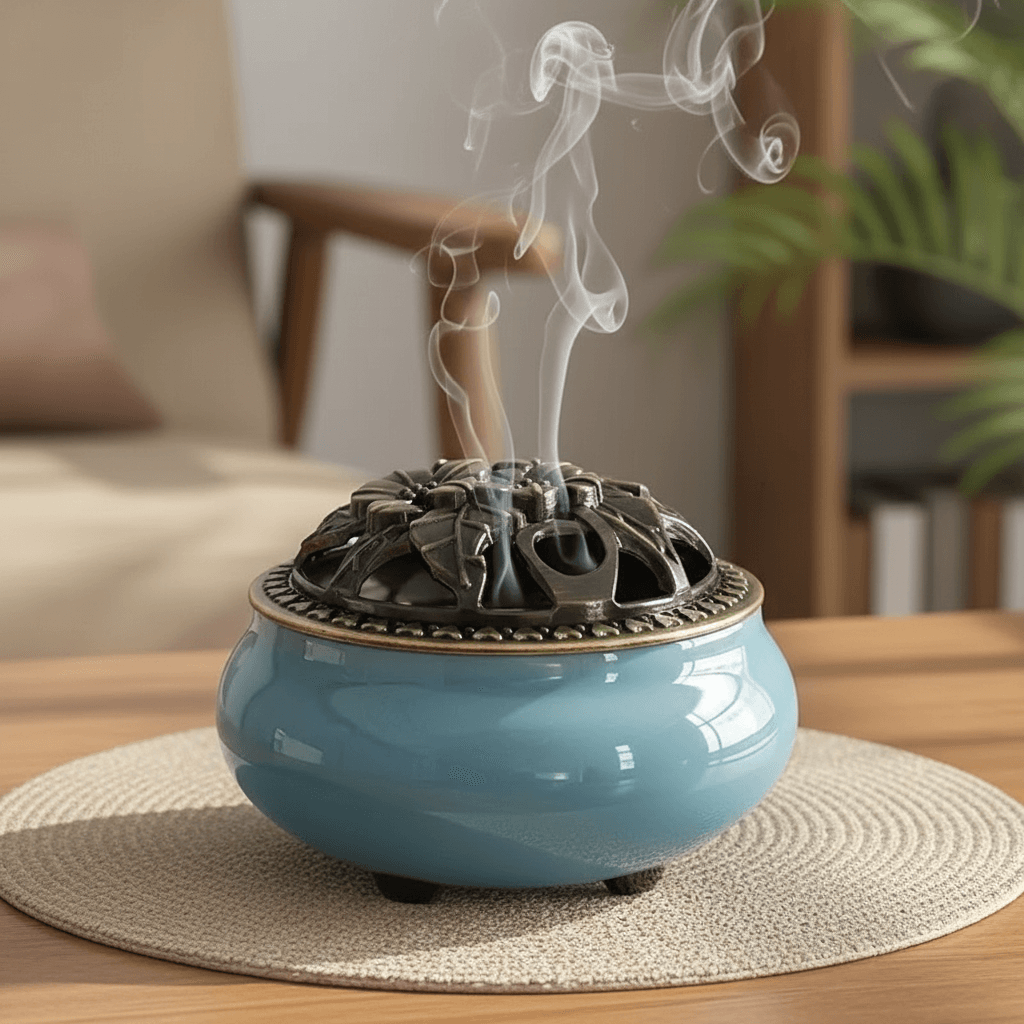 Sky blue ceramic incense burner kiln with decorative lid releasing smoke on a table