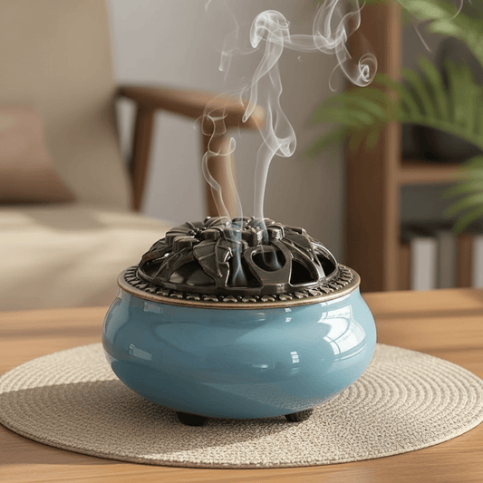 Sky blue ceramic incense burner kiln with decorative lid releasing smoke on a table