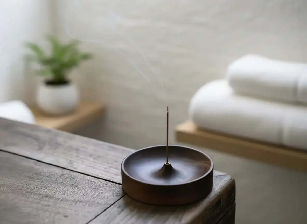 Solid wood incense stick holder with a minimal ash catcher bowl on a rustic wooden table, with a lit incense stick and soft smoke in a bright spa-style bathroom setting with towels and a small plant blurred in the background.