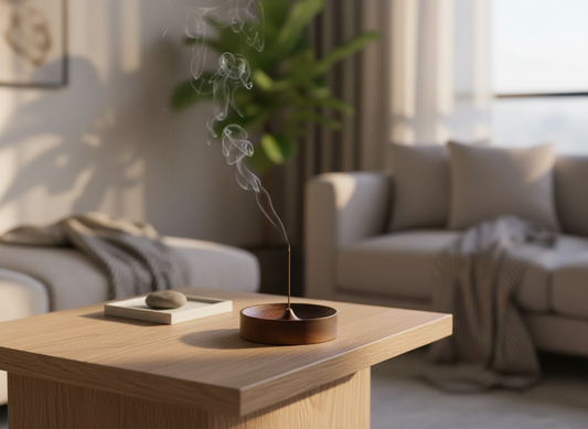 Solid walnut wood incense stick holder with a minimal ash catcher bowl on a wooden side table, with a lit incense stick and soft smoke in a cozy lifestyle living room background.
