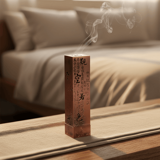 Square vertical incense burner with engraved-style design releasing smoke on a table