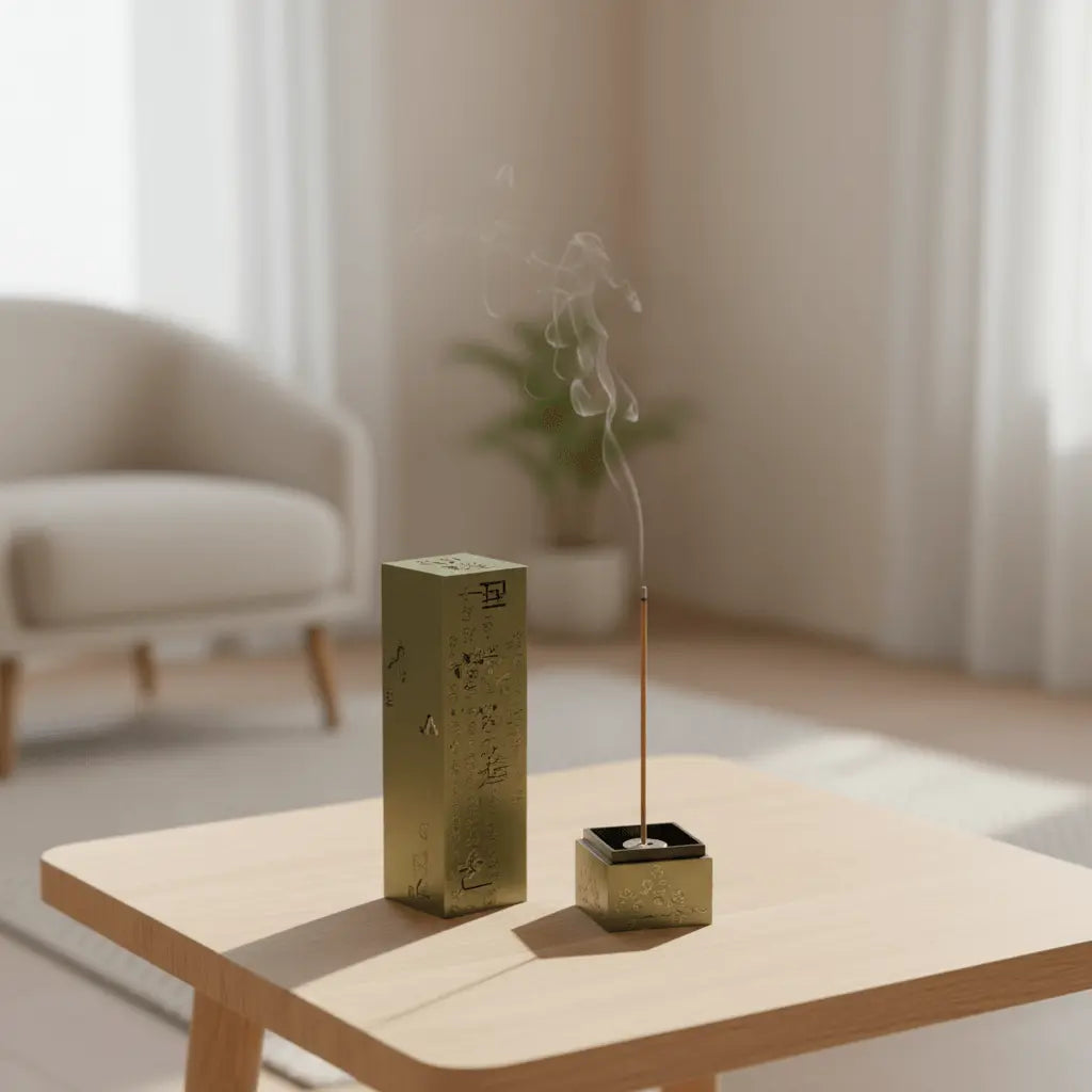 Square vertical incense burner style 2 set with base and upright holder on a table