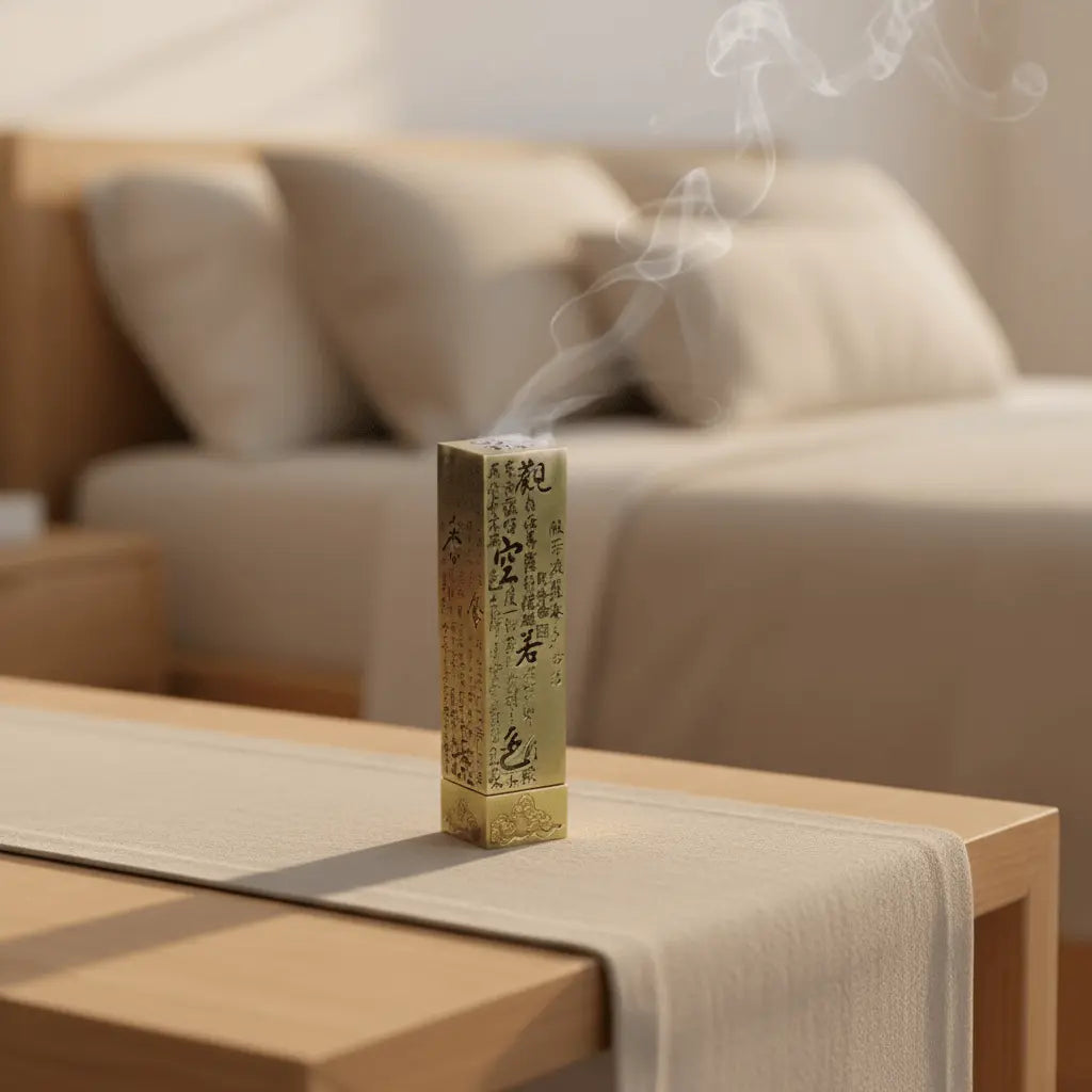 Square vertical incense burner style 2 upright holder releasing smoke on a table