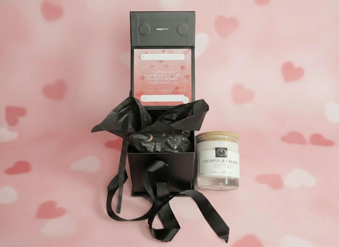Strawberries & Cream luxury Valentine’s scented candle in a black gift box with ribbon and personalized message