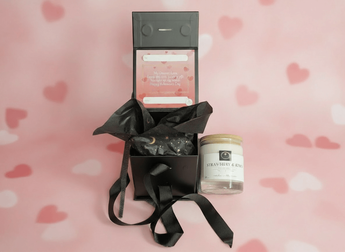 Strawberry & Kiwi luxury scented candle presented in a black gift box with ribbon and personalized message for Valentine’s Day.