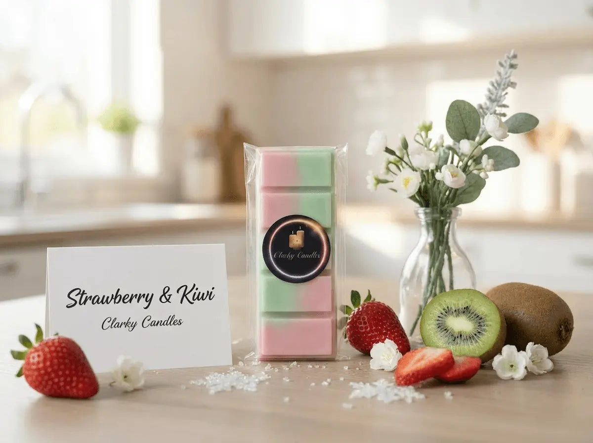 Strawberry & Kiwi Snap Bar 50g displayed with strawberries and kiwis, surrounded by flowers in a bright kitchen.
