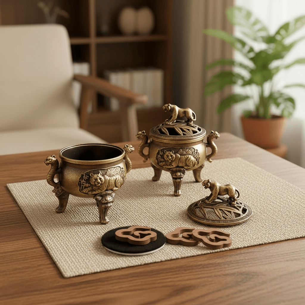 Tiger incense burner shown with lid and parts laid out on a table