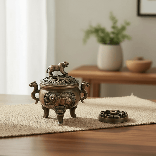 Ornate tiger incense burner with lid on a table with removable base