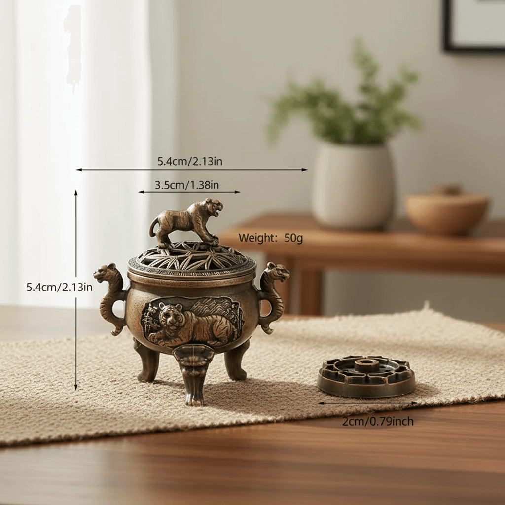 Tiger incense burner size guide showing 5.4cm height, 5.4cm width and 50g weight