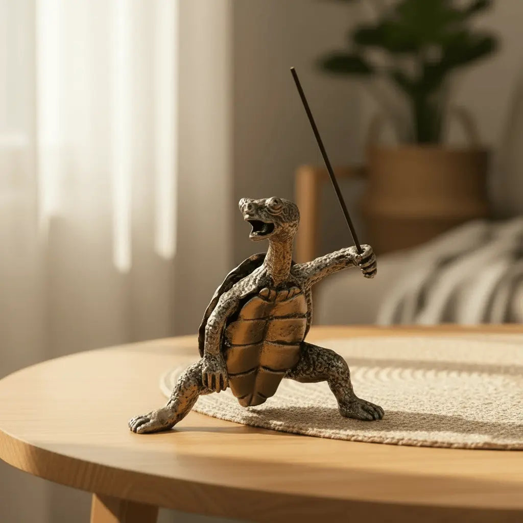 Turtle Incense Holder Burner Table Ornament (Style 1) with incense stick on a wooden table.
