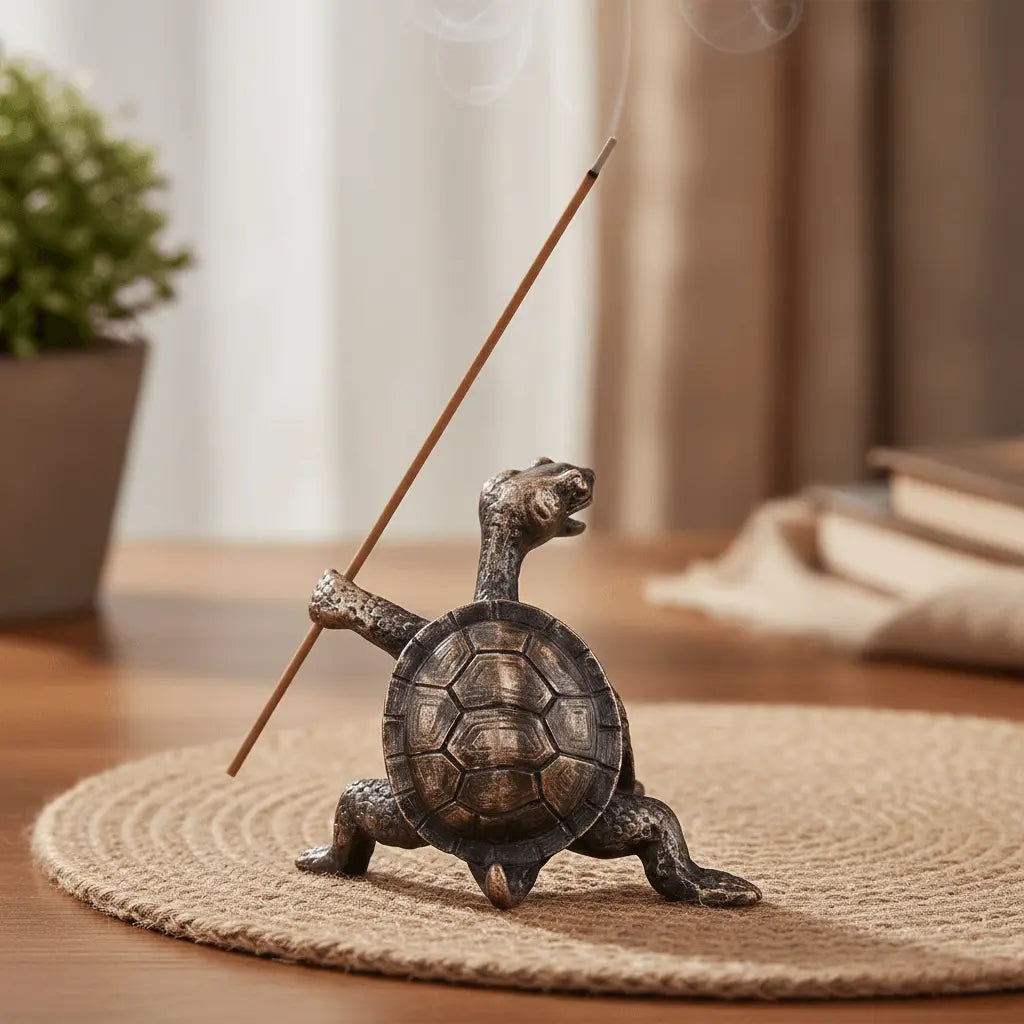 Turtle Incense Holder Burner Table Ornament (Style 2) holding an incense stick, perfect for home décor and incense routines.