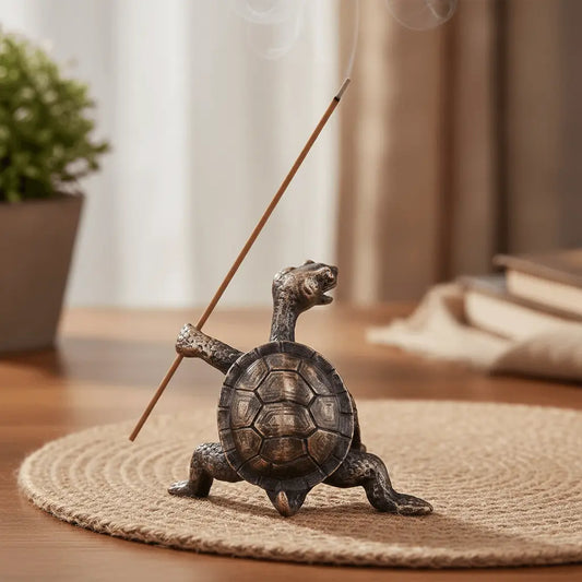 Turtle Incense Holder Burner Table Ornament (Style 2) holding an incense stick, perfect for home décor and incense routines.