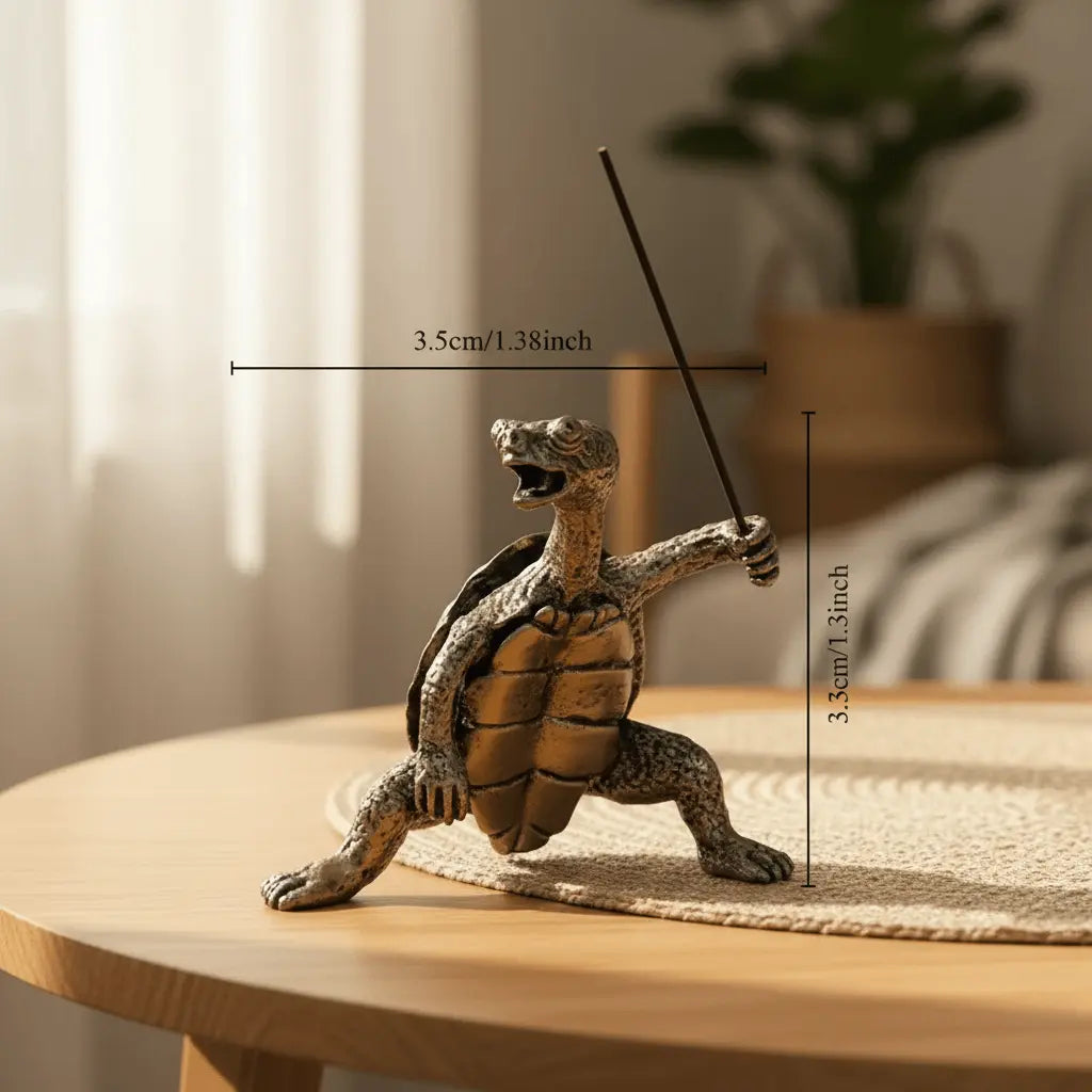 Turtle Incense Holder Burner Table Ornament (Style 1) standing on a table, holding an incense stick, showcasing its unique design.