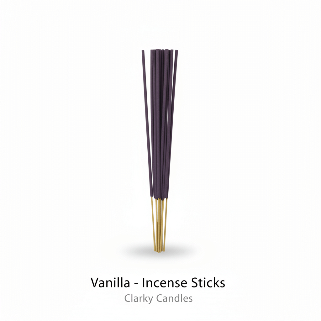 Vanilla incense sticks bundle on white background with label Vanilla - Incense Sticks