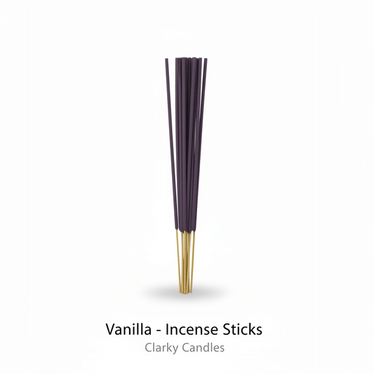 Vanilla incense sticks bundle on white background with label Vanilla - Incense Sticks