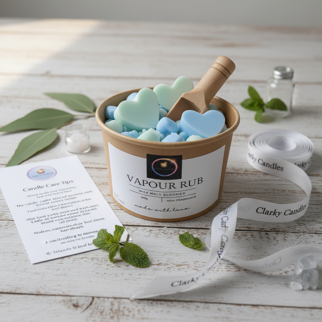 Wax Melt Scoopies Vapour Rub in container with blue heart-shaped wax melts and wooden scoop, therapeutic eucalyptus and menthol scent
