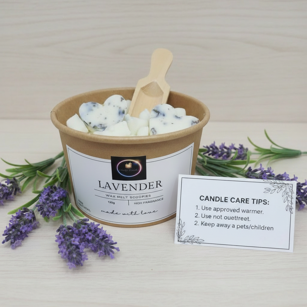 Lavender wax melt scoopies in 120g container with wooden scoop surrounded by fresh lavender sprigs and candle care tips card